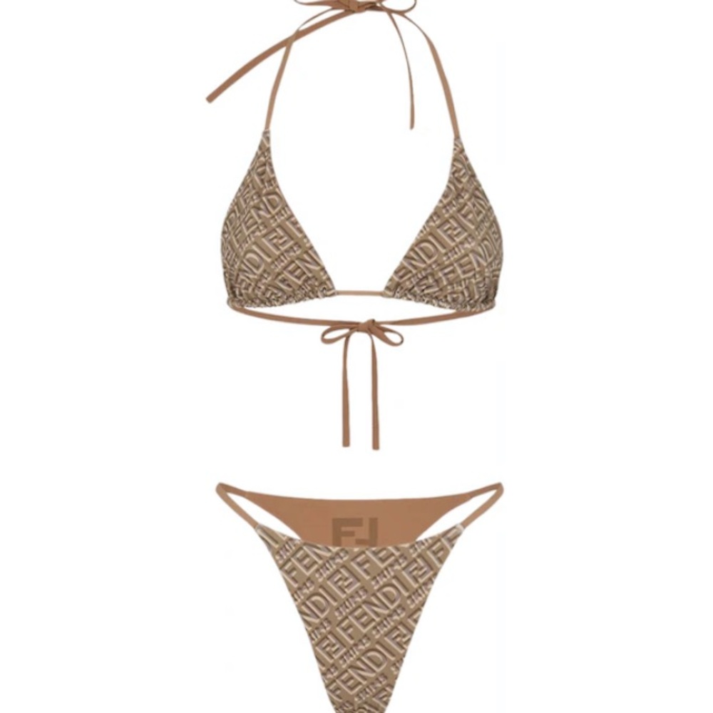 Fendi Tan Bikini Set with Triangle Top and Adjustable Ties